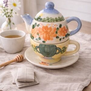 Floral Tea Set with Blue and Orange Accents